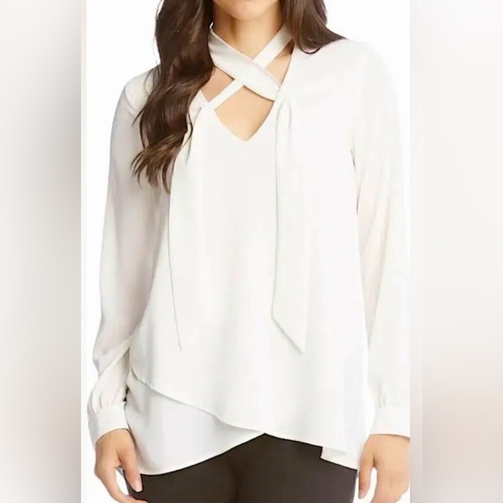 Beautiful Karen Kane cross tie neck blouse